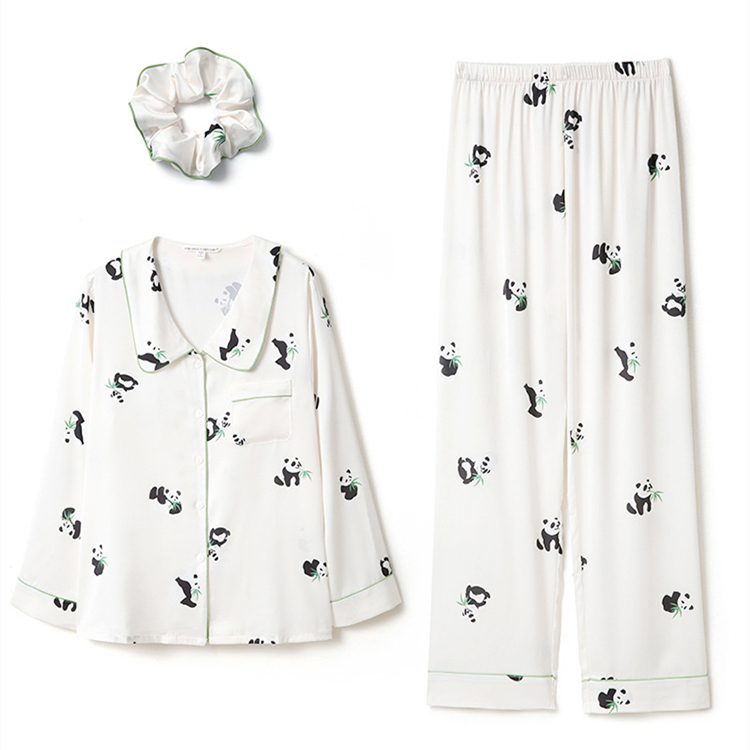 Lovely Panda Print Couples Silk Pajamas Set